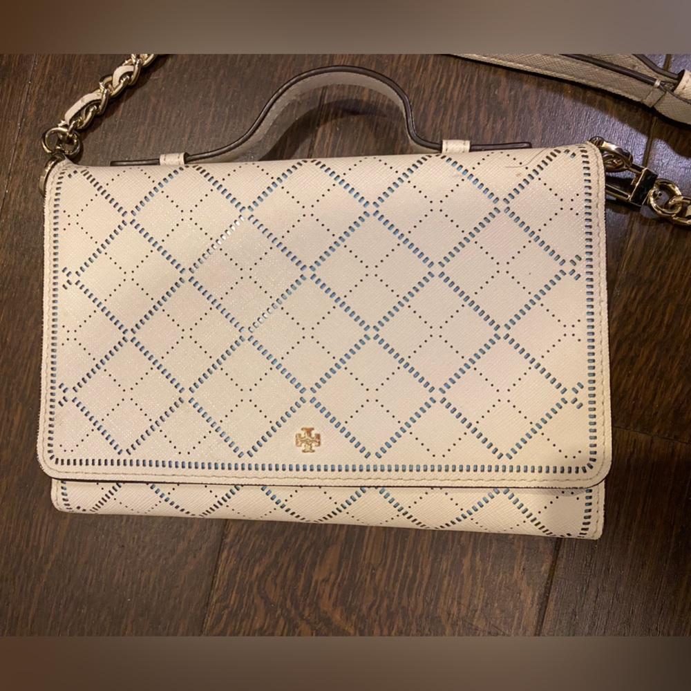 Tory Burch Ivory Leather Flap Bag | Small White & Blue